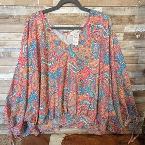 NWT Umgee + Pink/Blue Paisley Dolman Sleeves Crossover Banded Top